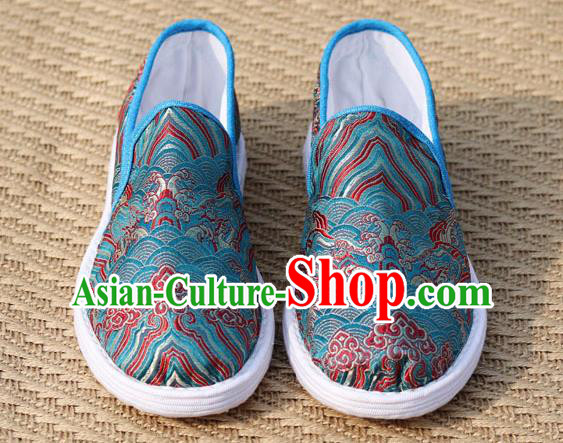 Chinese Handmade Shoes Traditional Martial Arts Shoes Classical Wave Pattern Blue Brocade Shoes Chinese Handmade Shoes Traditional Martial Arts Shoes Classical Wave Pattern Blue Brocade Shoes