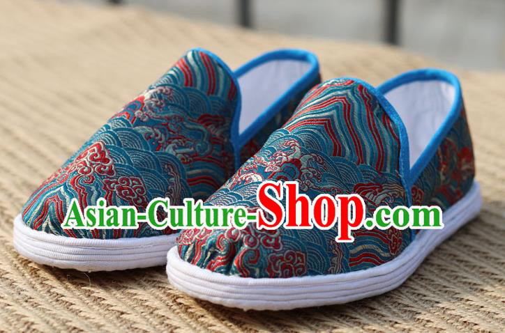 Chinese Handmade Shoes Traditional Martial Arts Shoes Classical Wave Pattern Blue Brocade Shoes Chinese Handmade Shoes Traditional Martial Arts Shoes Classical Wave Pattern Blue Brocade Shoes