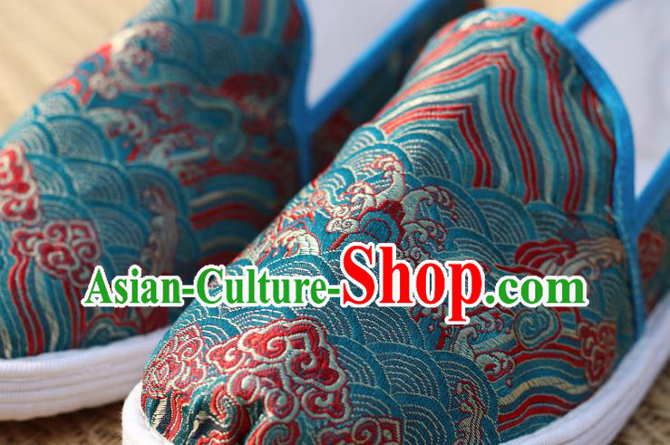 Chinese Handmade Shoes Traditional Martial Arts Shoes Classical Wave Pattern Blue Brocade Shoes Chinese Handmade Shoes Traditional Martial Arts Shoes Classical Wave Pattern Blue Brocade Shoes