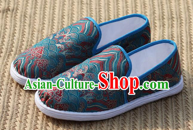 Chinese Handmade Shoes Traditional Martial Arts Shoes Classical Wave Pattern Blue Brocade Shoes Chinese Handmade Shoes Traditional Martial Arts Shoes Classical Wave Pattern Blue Brocade Shoes