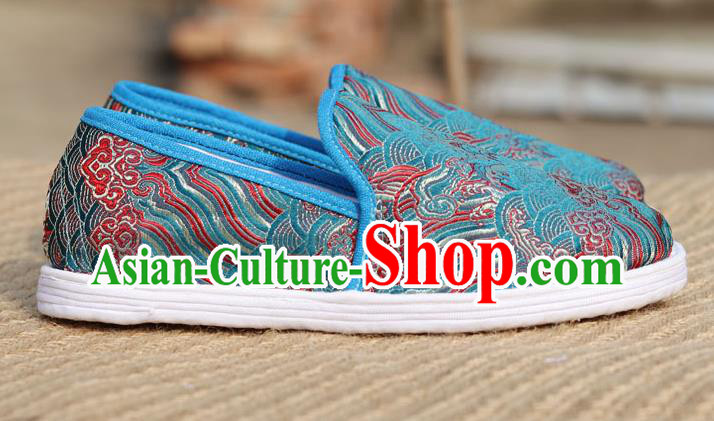 Chinese Handmade Shoes Traditional Martial Arts Shoes Classical Wave Pattern Blue Brocade Shoes Chinese Handmade Shoes Traditional Martial Arts Shoes Classical Wave Pattern Blue Brocade Shoes