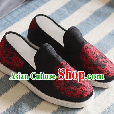 Chinese Traditional Martial Arts Black Satin Shoes Handmade Embroidered Dragons Shoes for Men