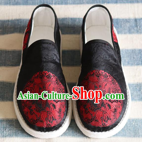 Chinese Traditional Martial Arts Black Satin Shoes Handmade Embroidered Dragons Shoes for Men