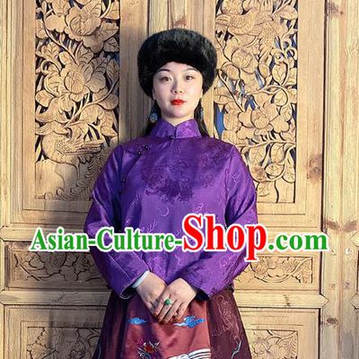 China Classical Peony Butterfly Pattern Purple Silk Blouse National Women Slant Opening Cheongsam Shirt