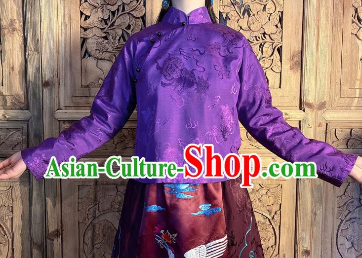 China Classical Peony Butterfly Pattern Purple Silk Blouse National Women Slant Opening Cheongsam Shirt China Classical Peony Butterfly Pattern Purple Silk Blouse National Women Slant Opening Cheongsam Shirt