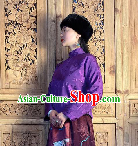 China Classical Peony Butterfly Pattern Purple Silk Blouse National Women Slant Opening Cheongsam Shirt China Classical Peony Butterfly Pattern Purple Silk Blouse National Women Slant Opening Cheongsam Shirt