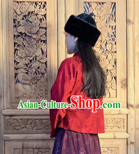 China National Cheongsam Shirt Classical Peony Butterfly Pattern Dark Red Silk Blouse China National Cheongsam Shirt Classical Peony Butterfly Pattern Dark Red Silk Blouse