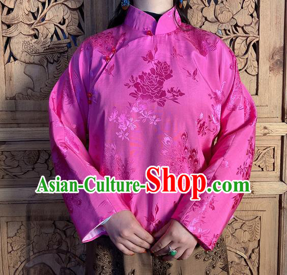 China National Women Slant Opening Cheongsam Shirt Classical Peony Butterfly Pattern Rosy Silk Blouse China National Women Slant Opening Cheongsam Shirt Classical Peony Butterfly Pattern Rosy Silk Blouse
