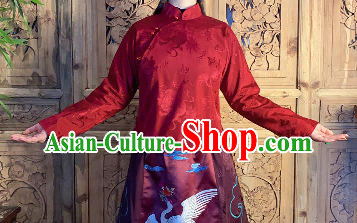 China National Cheongsam Shirt Classical Peony Butterfly Pattern Dark Red Silk Blouse China National Cheongsam Shirt Classical Peony Butterfly Pattern Dark Red Silk Blouse