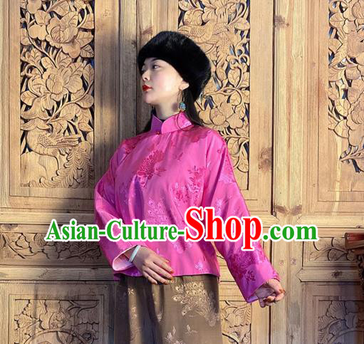 China National Women Slant Opening Cheongsam Shirt Classical Peony Butterfly Pattern Rosy Silk Blouse China National Women Slant Opening Cheongsam Shirt Classical Peony Butterfly Pattern Rosy Silk Blouse
