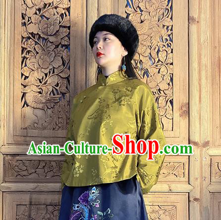 China Classical Peony Butterfly Pattern Olive Green Silk Blouse National Cheongsam Shirt China Classical Peony Butterfly Pattern Olive Green Silk Blouse National Cheongsam Shirt