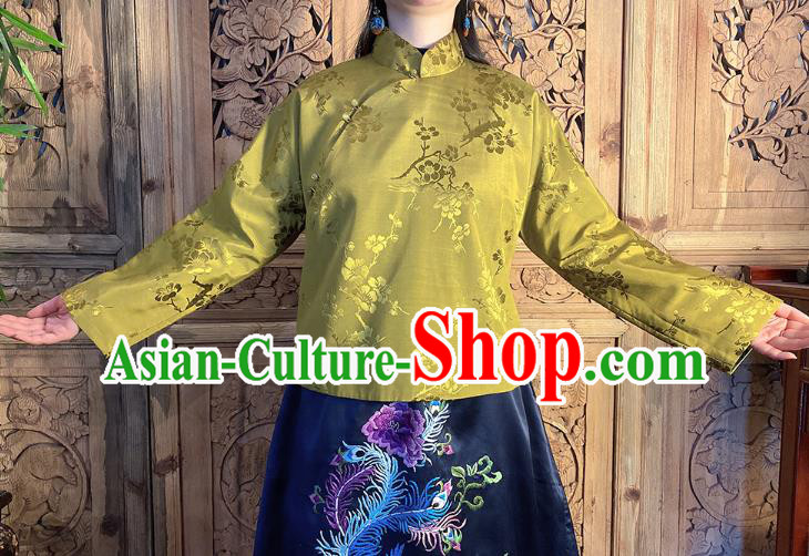 China Classical Peony Butterfly Pattern Olive Green Silk Blouse National Cheongsam Shirt China Classical Peony Butterfly Pattern Olive Green Silk Blouse National Cheongsam Shirt