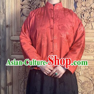 China Classical Lion Pattern Red Silk Blouse National Cheongsam Shirt Upper Outer Garment
