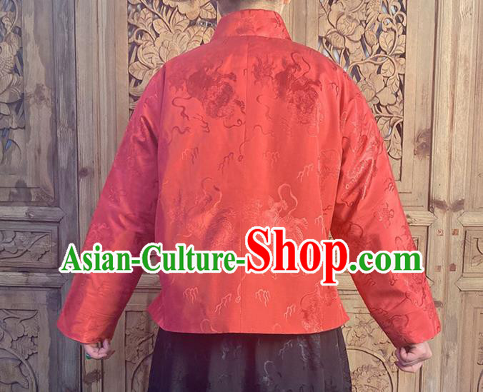 China Classical Lion Pattern Red Silk Blouse National Cheongsam Shirt Upper Outer Garment China Classical Lion Pattern Red Silk Blouse National Cheongsam Shirt Upper Outer Garment