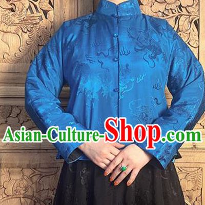China National Cheongsam Shirt Upper Outer Garment Classical Lion Pattern Royalblue Silk Blouse