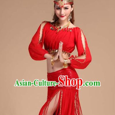 Asian India Folk Dance Stage Performance Clothing Indian Traditional Belly Dance Red Tassel Skirt Outfits