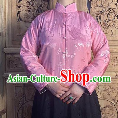 China Tang Suit Upper Outer Garment Classical Lion Pattern Pink Silk Blouse National Cheongsam Shirt
