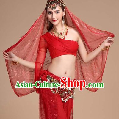 Indian Belly Dance Red Outfits Asian Traditional Raks Sharki Top and Pants India Folk Dance Clothing