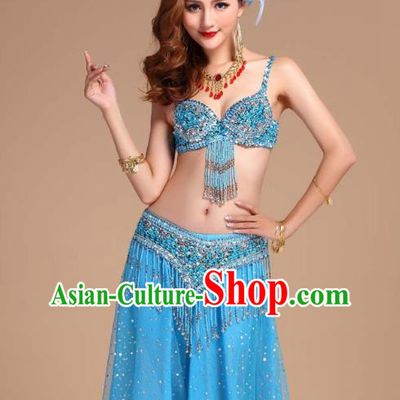 Indian Oriental Dance Uniforms Asian Traditional Raks Sharki Blue Bra and Skirt India Belly Dance Performance Clothing