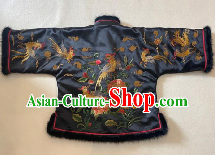 Chinese National Navy Silk Coat Classical Embroidered Phoenix Peony Cotton Wadded Jacket Winter Costume Chinese National Navy Silk Coat Classical Embroidered Phoenix Peony Cotton Wadded Jacket Winter Costume