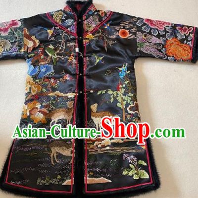 Chinese Embroidered Black Silk Jacket Winter Costume National Women Cotton Wadded Coat