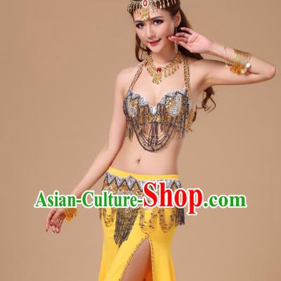 Indian Belly Dance Performance Sexy Yellow Uniforms Top Asian Oriental Dance Bra and Skirt Clothing