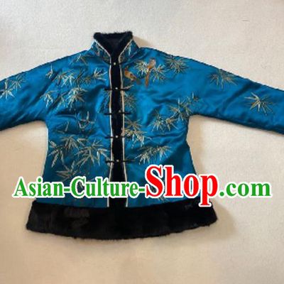 Chinese Winter Female Costume National Cotton Wadded Coat Embroidered Bamboo Leaf Blue Silk Jacket