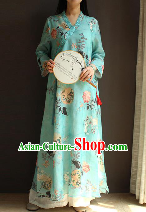 China Traditional Slant Opening Qipao Dress Classical Printing Blue Flax Cheongsam National Women Clothing China Traditional Slant Opening Qipao Dress Classical Printing Blue Flax Cheongsam National Women Clothing
