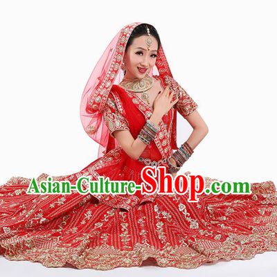 Indian Wedding Red Lehenga Dress Asian Traditional Court Bride Stage Performance Costumes and Hair Jewelry