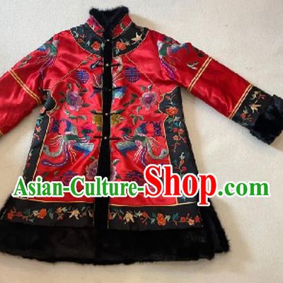 Chinese Red Silk Cotton Wadded Coat Costume National Embroidered Phoenix Peony Jacket