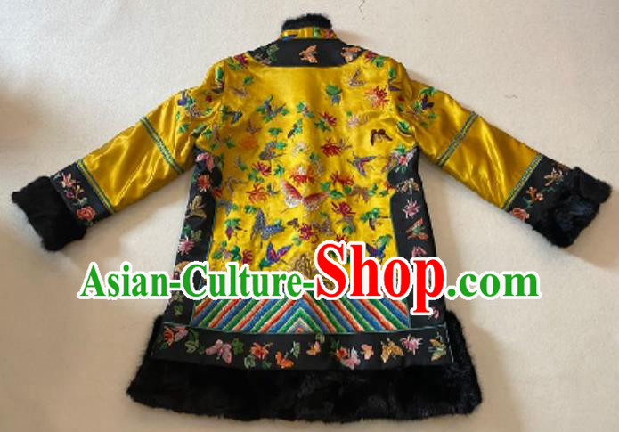 Chinese National Costume Embroidered Butterfly Jacket Yellow Silk Cotton Wadded Coat Chinese National Costume Embroidered Butterfly Jacket Yellow Silk Cotton Wadded Coat