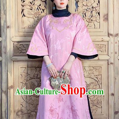 China Classical Wide Sleeve Cheongsam Traditional Embroidered Pink Silk Qipao Dress National Women Clothing
