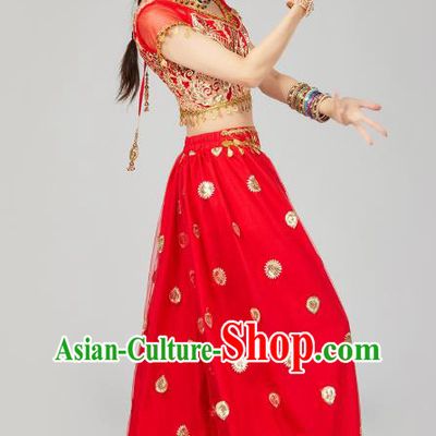 Top Indian Young Lady Red Uniforms Blouse and Pants India Folk Dance Costumes