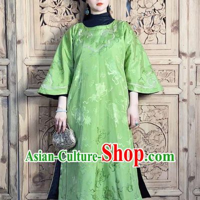 China National Women Clothing Classical Wide Sleeve Cheongsam Traditional Embroidered Green Silk Qipao Dress