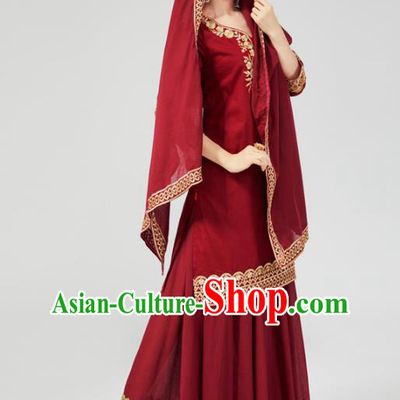 India Traditional Wine Red Punjab Clothing Asian Indian Female Dance Costumes