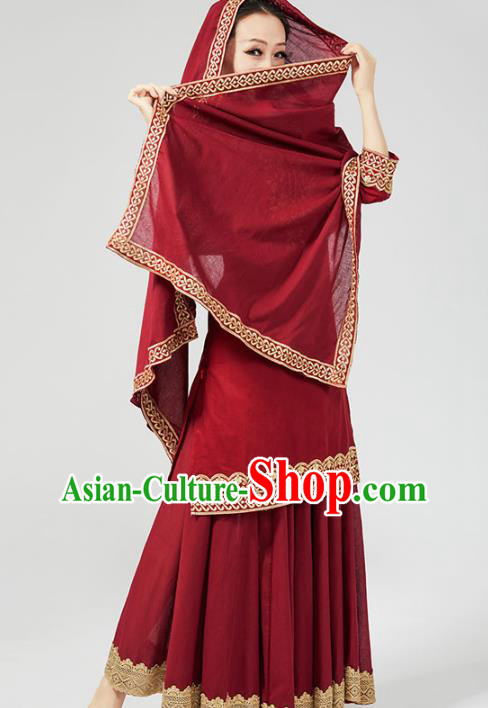 India Traditional Wine Red Punjab Clothing Asian Indian Female Dance Costumes