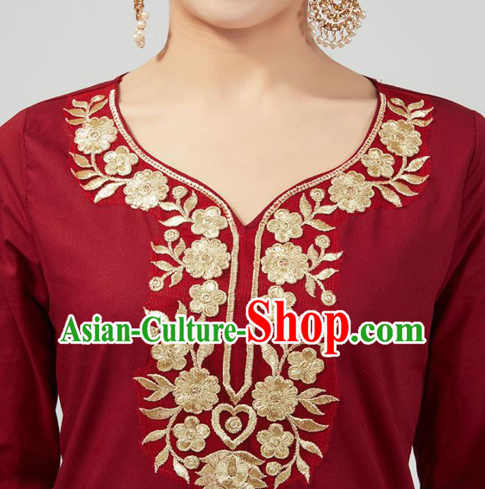 India Traditional Wine Red Punjab Clothing Asian Indian Female Dance Costumes