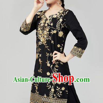 Asian Indian Black Blouse and Loose Pants India Traditional Embroidered Punjab Clothing Female Dance Costumes