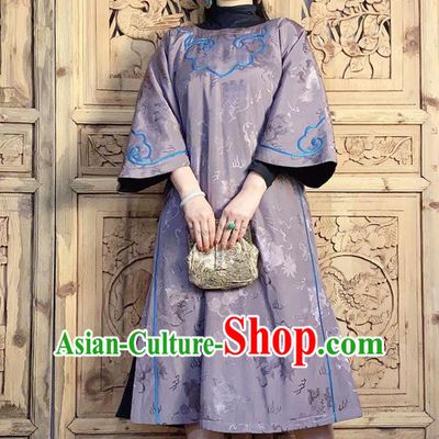 China Traditional Wide Sleeve Violet Silk Qipao Dress National Women Embroidered Clothing Classical Cheongsam