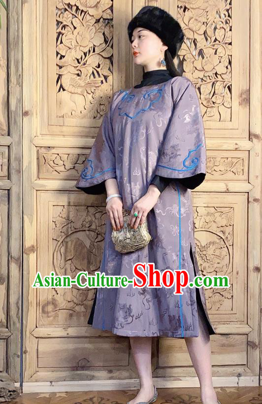 China Traditional Wide Sleeve Violet Silk Qipao Dress National Women Embroidered Clothing Classical Cheongsam China Traditional Wide Sleeve Violet Silk Qipao Dress National Women Embroidered Clothing Classical Cheongsam