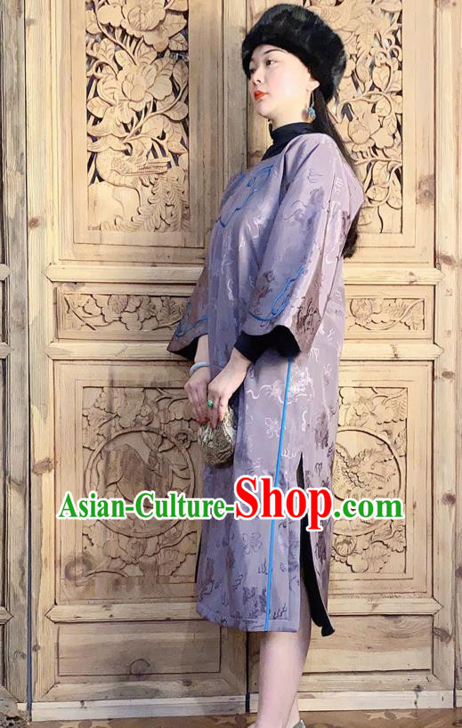 China Traditional Wide Sleeve Violet Silk Qipao Dress National Women Embroidered Clothing Classical Cheongsam China Traditional Wide Sleeve Violet Silk Qipao Dress National Women Embroidered Clothing Classical Cheongsam
