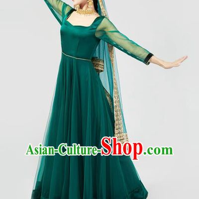 Asian Indian Deep Green Satin Anarkali Dress India Traditional Stage Performance Clothing