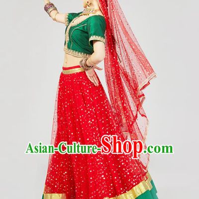 Asian Indian Traditional Court Princess Dress India Bollywood Dance Performance Clothing Green Top and Red Skirt