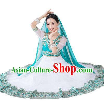 India Anarkali Dance Performance Clothing Asian Indian Traditional Court Princess White Dress and Pants