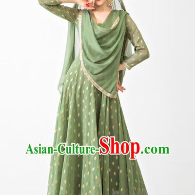 Asian Traditional Folk Dance Clothing Indian Stage Performance Green Dress India Anarkali Uniforms