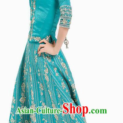 Indian Stage Performance Costumes Court Dance Blue Blouse and Skirt Asian India Traditional Embroidered Lehenga Clothing