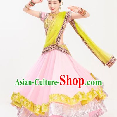 Indian Bollywood Dance Stage Performance Blouse and Pink Skirt Asian India Traditional Lehenga Clothing
