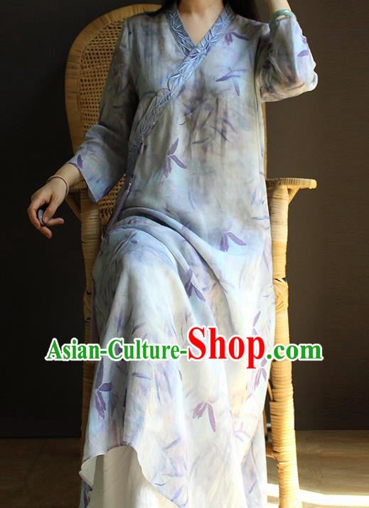 China Classical Printing Light Blue Cheongsam National Women Clothing Traditional Slant Opening Qipao Dress China Classical Printing Light Blue Cheongsam National Women Clothing Traditional Slant Opening Qipao Dress