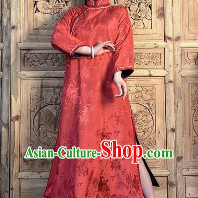 China Traditional Women Clothing Classical Kylin Pattern Cheongsam Red Silk Qipao Dress