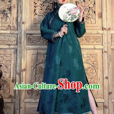China Traditional Atrovirens Silk Qipao Dress Women Clothing Classical Cheongsam